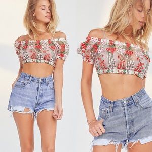 NWT Embroidered Mesh Bardot Top